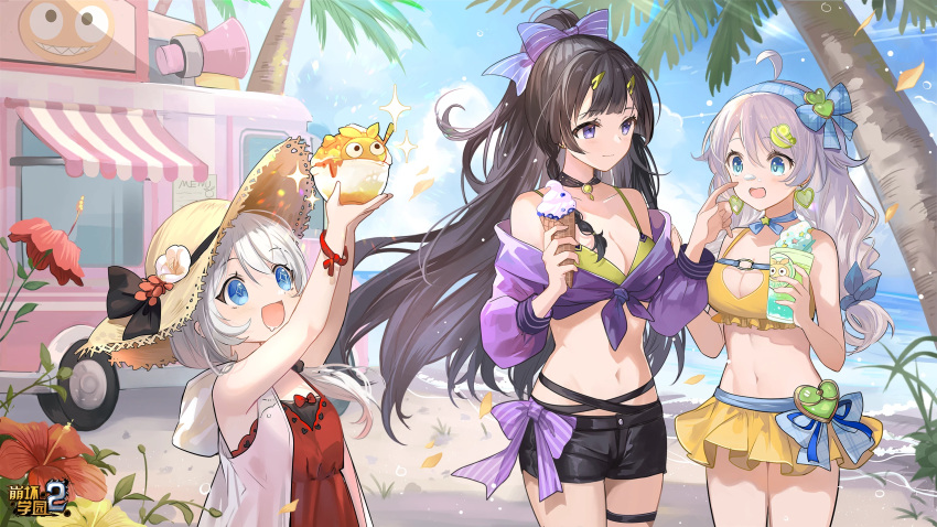 3girls ahoge beach benghuai_xueyuan black_hair black_shorts blue_eyes blue_sky bow breasts cleavage closed_mouth cloud copyright_name flower food food_truck hair_ornament hairband hairbow hairclip hat hat_flower highres holding holding_food holding_ice_cream homu_(honkai_impact) honkai_(series) ice_cream kiana_kaslana logo long_hair motor_vehicle multiple_girls navel ocean official_art open_mouth palm_tree purple_eyes raiden_mei red_flower second-party_source shorts sky solo speaker swimsuit theresa_apocalypse theresa_apokalypse thigh_strap tree truck water white_hair