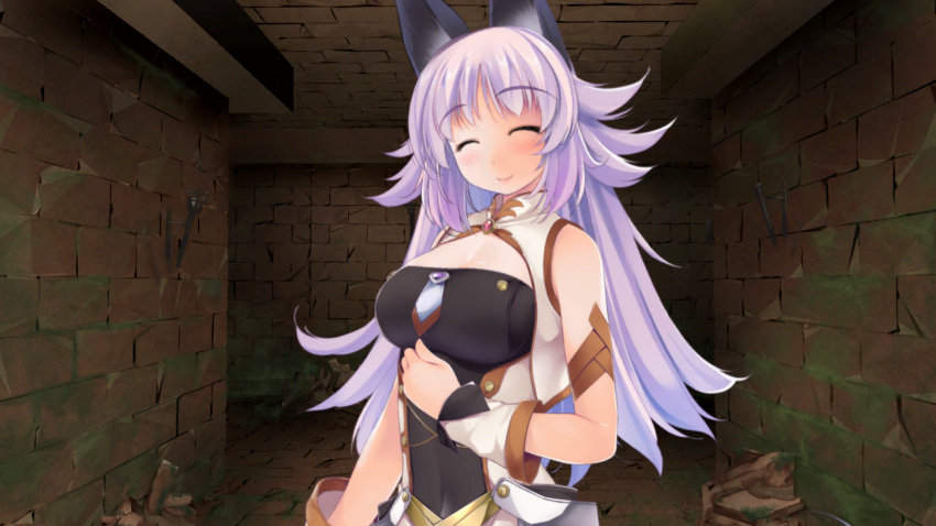 animal_ears atelier-moo bare_shoulders blush breasts closed_eyes closed_mouth detached_sleeves dungeon female head_tilt highres large_breasts lips long_hair long_sideburns mana_(our_battle_has_just_begun!) narrow_waist our_battle_has_just_begun! purple_hair sideburns sleeveless smile solo upper_body very_long_hair wolf_ears wolf_girl