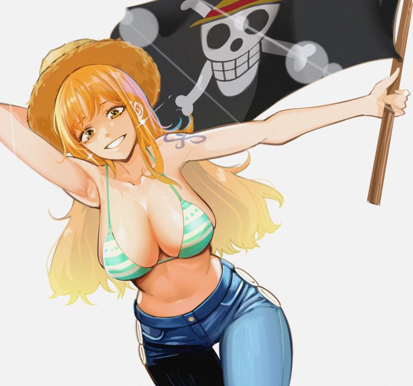 absurdres armpits bikini bikini_top_only breasts cleavage commentary denim earrings female flag glint grin hand_on_headwear hat highres holding holding_flag jeans jewelry jolly_roger large_breasts long_hair looking_at_viewer nadainishi nami_(one_piece) navel one_piece orange_eyes orange_hair pants pearl_earrings shoulder_tattoo skull_and_crossbones smile solo straw_hat straw_hats_jolly_roger swimsuit tattoo white_background