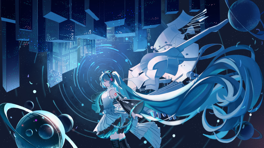 absurdly_long_hair absurdres aqua_hair aqua_nails aqua_necktie arm_tattoo arms_behind_back bg5120 boots cable city closed_eyes commentary_request detached_sleeves female floating_clothes floating_hair frilled_shirt frilled_skirt frills giant_brush guitar hatsune_miku hatsune_miku_happy_16th_birthday_-dear_creators- headphones highres instrument long_hair multiple_neckties nail_polish necktie paint_tube paintbrush paper piano_keys planet planetary_ring shirt skirt tattoo thigh_boots twintails upside-down_world very_long_hair vocaloid wings