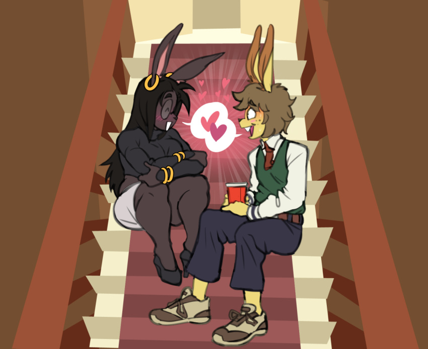 anthro biped bottomwear clothed clothing duo ear_piercing ear_ring eyewear footwear glasses hair heart_symbol lagomorph leporid male mammal open_mouth pants piercing ponehanon rabbit ring_piercing shoes smile stairs thick_thighs