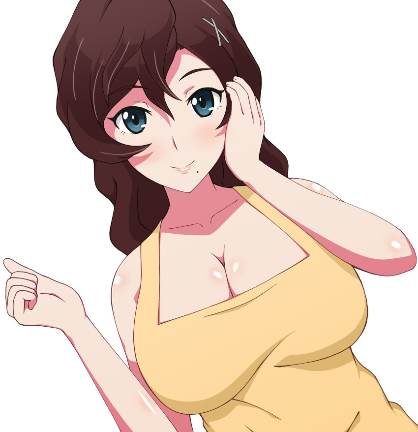 absurdres apron blue_eyes breasts brown_hair gegege_no_kitarou hand_on_own_face highres inuyama_junko large_breasts manman mole mole_under_mouth smile yellow_apron