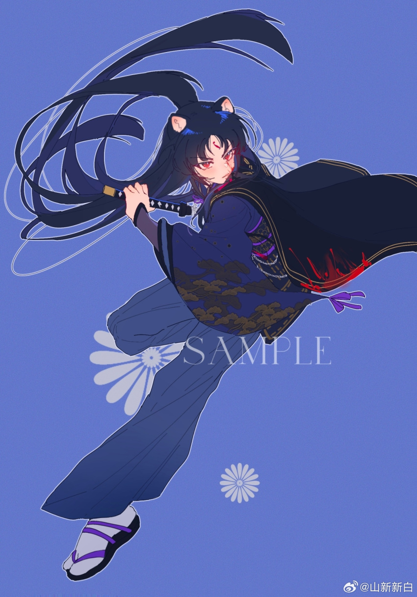 animal_ears arknights black_cape black_hair blood blood_on_clothes blood_on_face blue_background blue_hakama cape closed_mouth facial_mark female floating_hair forehead_mark full_body grey_socks hakama hakama_pants hashtag-only_commentary highres holding holding_sword holding_weapon japanese_clothes katana kimono long_hair long_sleeves looking_to_the_side outline pants parted_bangs print_kimono purple_kimono red_eyes saga_(arknights) sample_watermark sandals serious shan_xin_xin_bai short_kimono simple_background socks solo sword tabi watermark weapon white_outline wide_sleeves