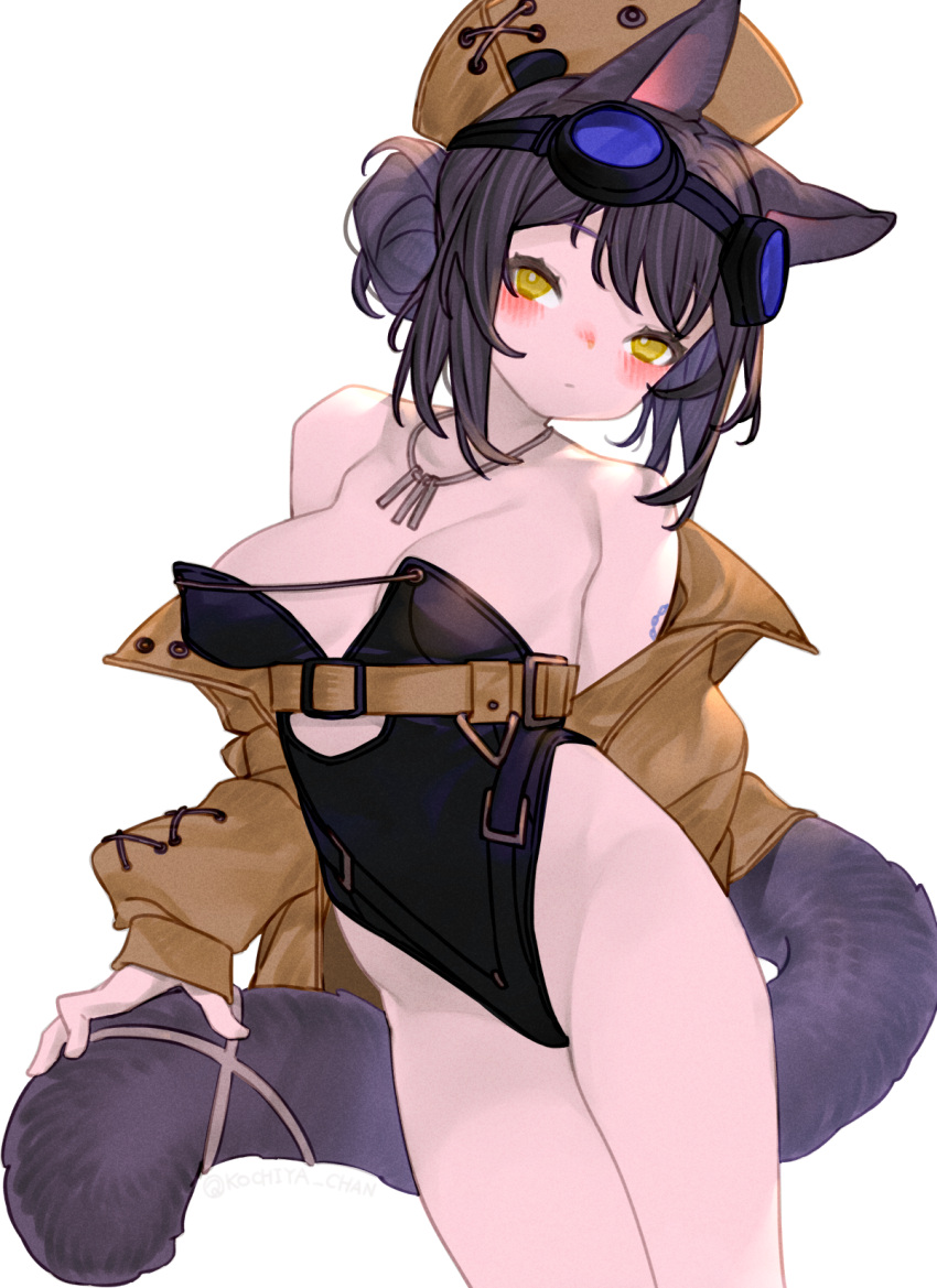 animal_ears arknights bare_shoulders black_leotard blush breasts cat_ears cat_girl cat_tail female goggles goggles_on_head hat highleg highleg_leotard highres jacket kochiya_(gothope) leotard looking_at_viewer medium_breasts open_clothes open_jacket rockrock_(arknights) short_hair simple_background solo strapless strapless_leotard tail white_background yellow_eyes