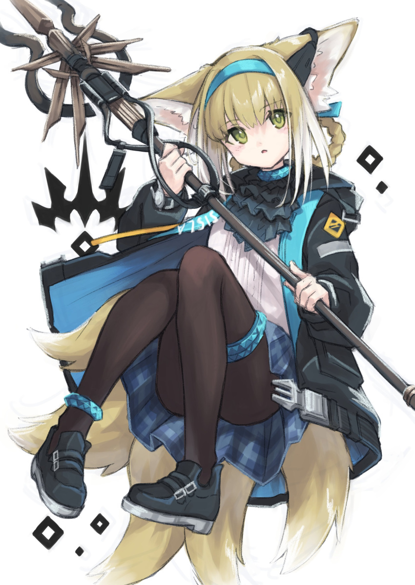 absurdres amiya_(arknights) amiya_(arknights)_(cosplay) animal_ear_fluff animal_ears arknights ascot black_coat black_footwear black_pantyhose blonde_hair blue_ascot blue_hairband blue_skirt coat colored_tips commentary cosplay female fox_ears fox_girl fox_tail full_body green_eyes hair_ribbon hairband highres holding holding_staff hood hooded_coat infection_monitor_(arknights) kitsune knees_up looking_to_the_side multicolored_hair multiple_tails pantyhose pleated_skirt ribbon semi_colon shirt short_hair simple_background skirt solo staff suzuran_(arknights) tail white_background white_hair white_shirt