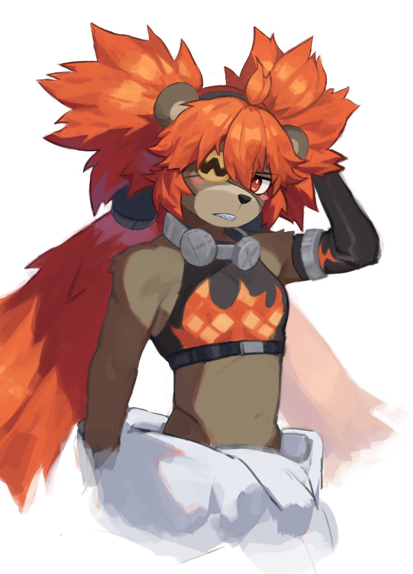 absurd_res ahoge anthro anthrofied bear blush brown_body brown_fur clothing crop_top eye_patch eyewear female fur hair hi_res inuwoo koleda_belobog mammal mihoyo navel red_hair shirt solo topwear zenless_zone_zero