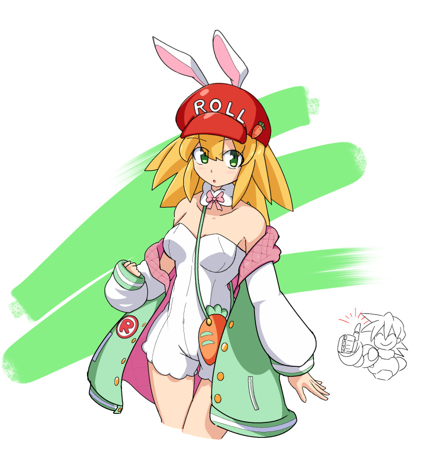 1boy animal_ears bag bare_shoulders blonde_hair bow bowtie breasts cabbie_hat carrot character_name collarbone commentary_request cosplay covered_navel cowboy_shot easter fake_animal_ears female fluffy_collar green_eyes handbag happy hat highres hood hooded_jacket jacket looking_at_viewer medium_breasts medium_hair mega_man_(series) mega_man_legends mega_man_legends_(series) mega_man_volnutt mega_man_x_(series) mega_man_x_dive multicolored_clothes multicolored_jacket nontraditional_playboy_bunny official_alternate_costume open_clothes open_jacket playboy_bunny rabbit_ears roll_(mega_man) roll_(mega_man)_(cosplay) roll_caskett_(mega_man) simple_background strapless tachikuraminmi thumbs_up