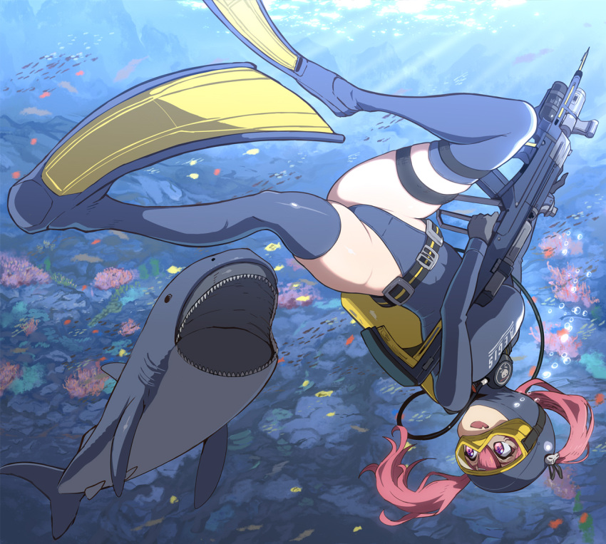 bodysuit breasts commentary_request covered_navel diving diving_mask diving_suit female flippers full_body goddess_of_victory:_nikke goggles hair_between_eyes hair_ornament harpoon harpoon_gun holding large_breasts long_hair mast_(mast_the_diver)_(nikke) mast_(nikke) megamouth_shark oerba_yun_fang open_mouth pink_eyes pink_hair scuba_gear scuba_tank shark skin_fang skindentation skull_hair_ornament smile syope thigh_strap twintails underwater wetsuit