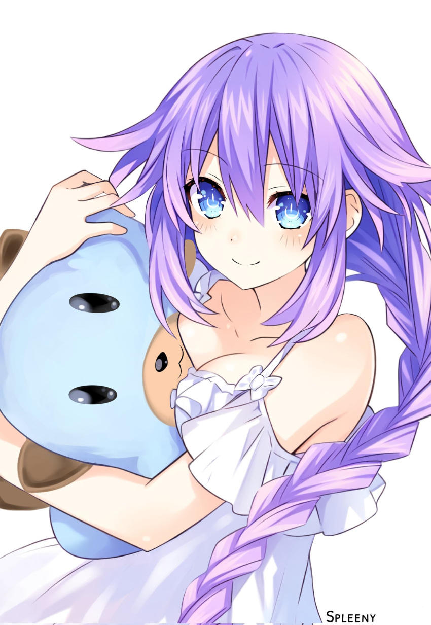 artist_name bare_shoulders blue_eyes blush braid breasts cleavage dogoo dress highres holding long_hair looking_at_viewer neptune_(series) power_symbol-shaped_pupils purple_hair purple_heart_(neptunia) simple_background smile spleeny symbol-shaped_pupils twin_braids upper_body white_background white_dress