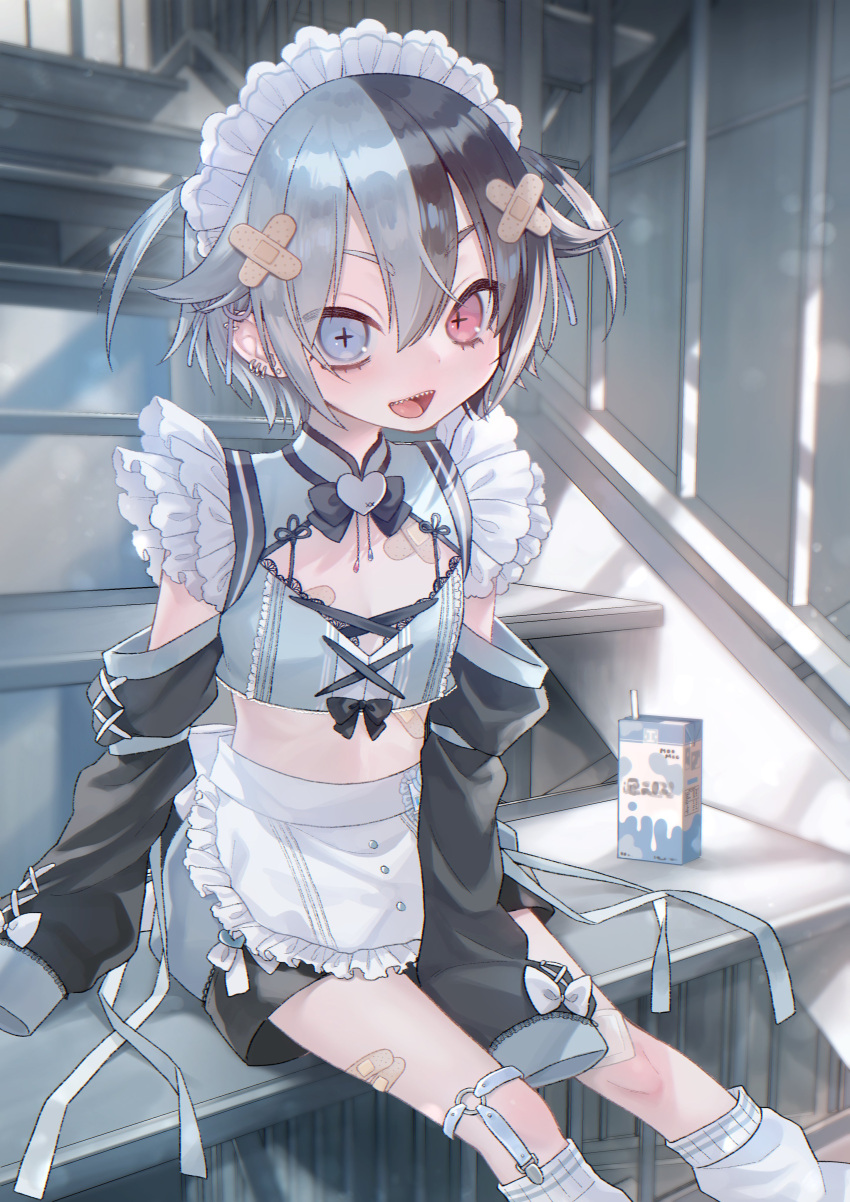 +_+ absurdres apron bandaid bandaid_hair_ornament bandaid_on_leg black_hair blue_eyes blue_hair commentary_request dancho dancho_(dancyo) detached_sleeves female flat_chest hair_ornament heterochromia highres kujirakawa_zoo looking_at_viewer maid maid_headdress milk_carton multicolored_hair open_mouth red_eyes short_hair sitting sleeves_past_fingers sleeves_past_wrists smile solo split-color_hair stairs two-tone_hair two_side_up virtual_youtuber