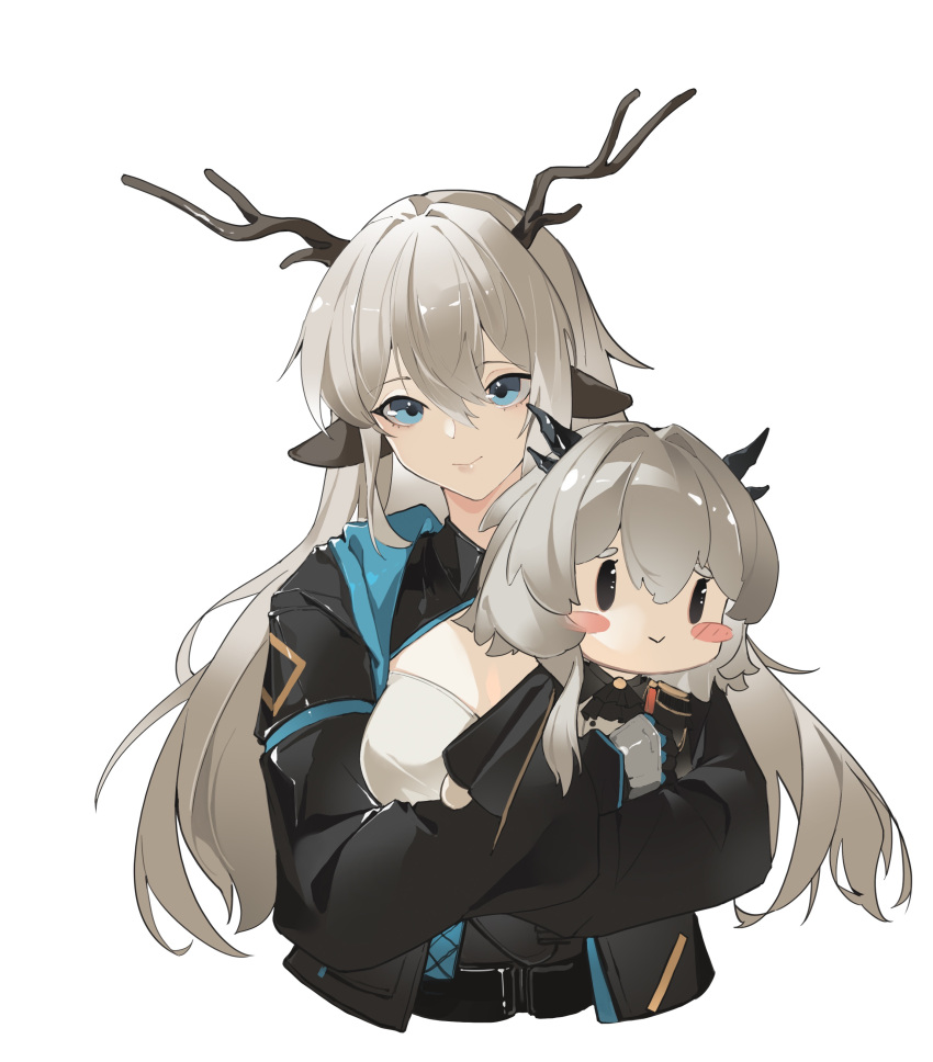 :> absurdres alina_(arknights) animal_ears antlers arknights ascot black_ascot black_jacket blue_eyes blush_stickers character_doll chinese_commentary closed_mouth commentary cropped_jacket doll female grey_hair hair_between_eyes hair_intakes highres holding holding_doll horns jacket long_hair long_sleeves looking_at_viewer open_clothes open_jacket simple_background smile solo talulah_(arknights) white_background wuzhou669