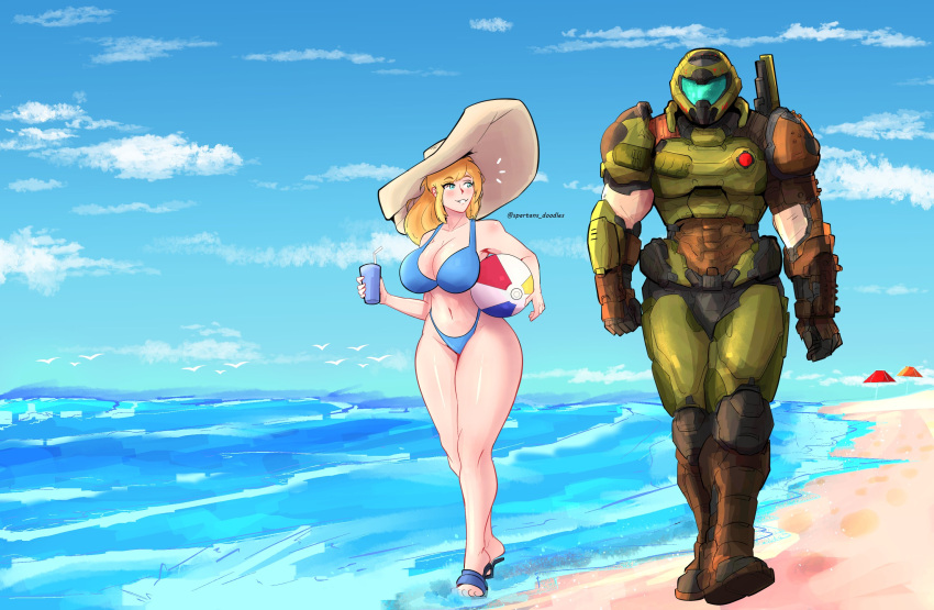 1boy armor artist_name assault_visor ball beach bikini blonde_hair blue_eyes blue_visor blush breasts commentary crossover doom_(series) doom_eternal doomguy english_commentary female full_body gauntlets green_armor hat highres large_breasts long_hair metroid metroid_dread mole mole_under_mouth outdoors ponytail praetor_suit samus_aran shoulder_cannon smile spartans_doodles super_smash_bros. swimsuit twitter_username walking