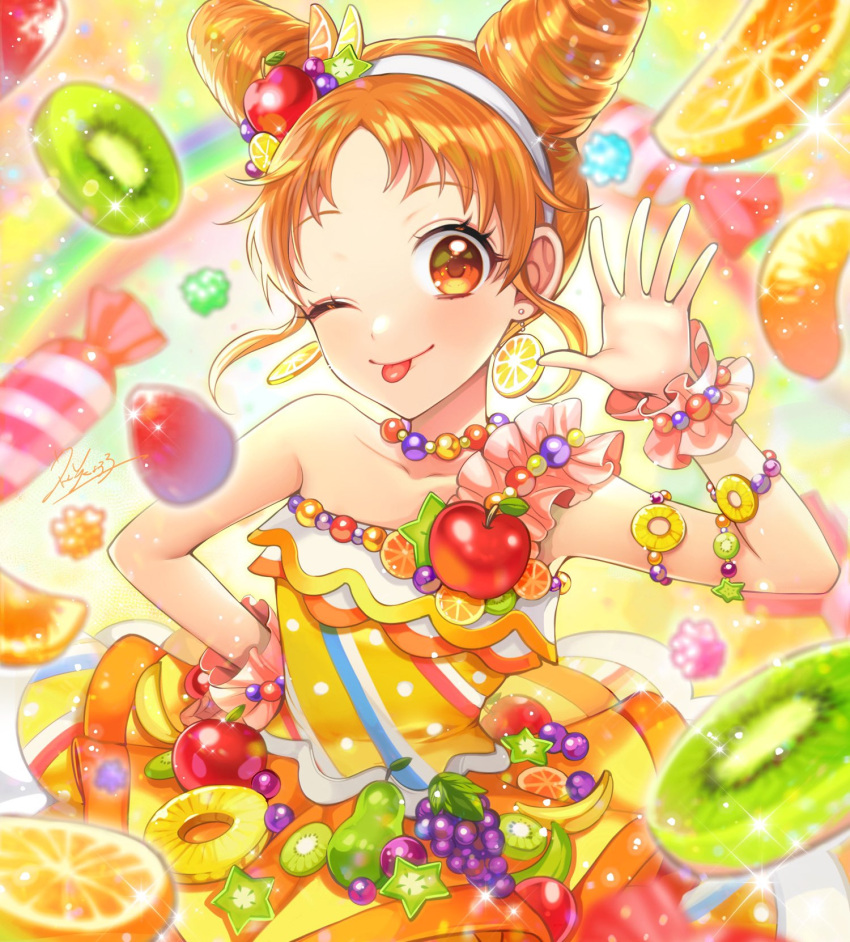 ;p aikatsu! aikatsu!_(series) arisugawa_otome blurry blurry_foreground closed_mouth collarbone commentary_request cone_hair_bun depth_of_field dress female food forehead fruit grapes hair_bun hairband hand_up highres kiwi_(fruit) kiwi_slice looking_at_viewer matsurika_youko one_eye_closed orange_hair pear pineapple pineapple_slice red_eyes smile solo starfruit strapless strapless_dress strawberry tongue tongue_out white_hairband wrist_cuffs yellow_dress