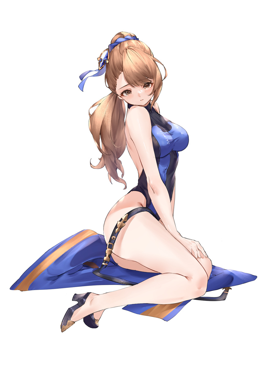 beatrix_(granblue_fantasy) blush breasts brown_eyes brown_hair commentary_request female full_body granblue_fantasy high_heels highres large_breasts long_hair looking_at_viewer majo_(pastamajo) one-piece_swimsuit partial_commentary ponytail simple_background solo swimsuit white_background