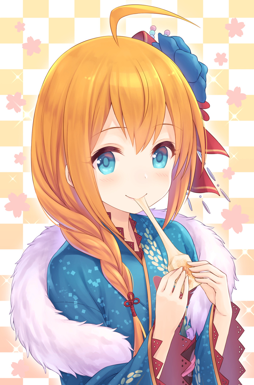 ahoge blue_eyes blue_flower blue_kimono blush braid checkered_background closed_mouth commentary eating female floral_background flower food hair_flower hair_ornament hair_over_shoulder hair_ribbon highres holding holding_food japanese_clothes kimono long_hair long_sleeves mochi orange_hair pecorine_(new_year)_(princess_connect!) pecorine_(princess_connect!) princess_connect! red_ribbon ribbon smile solo tomo_(tmtm_mf_mf) upper_body wide_sleeves