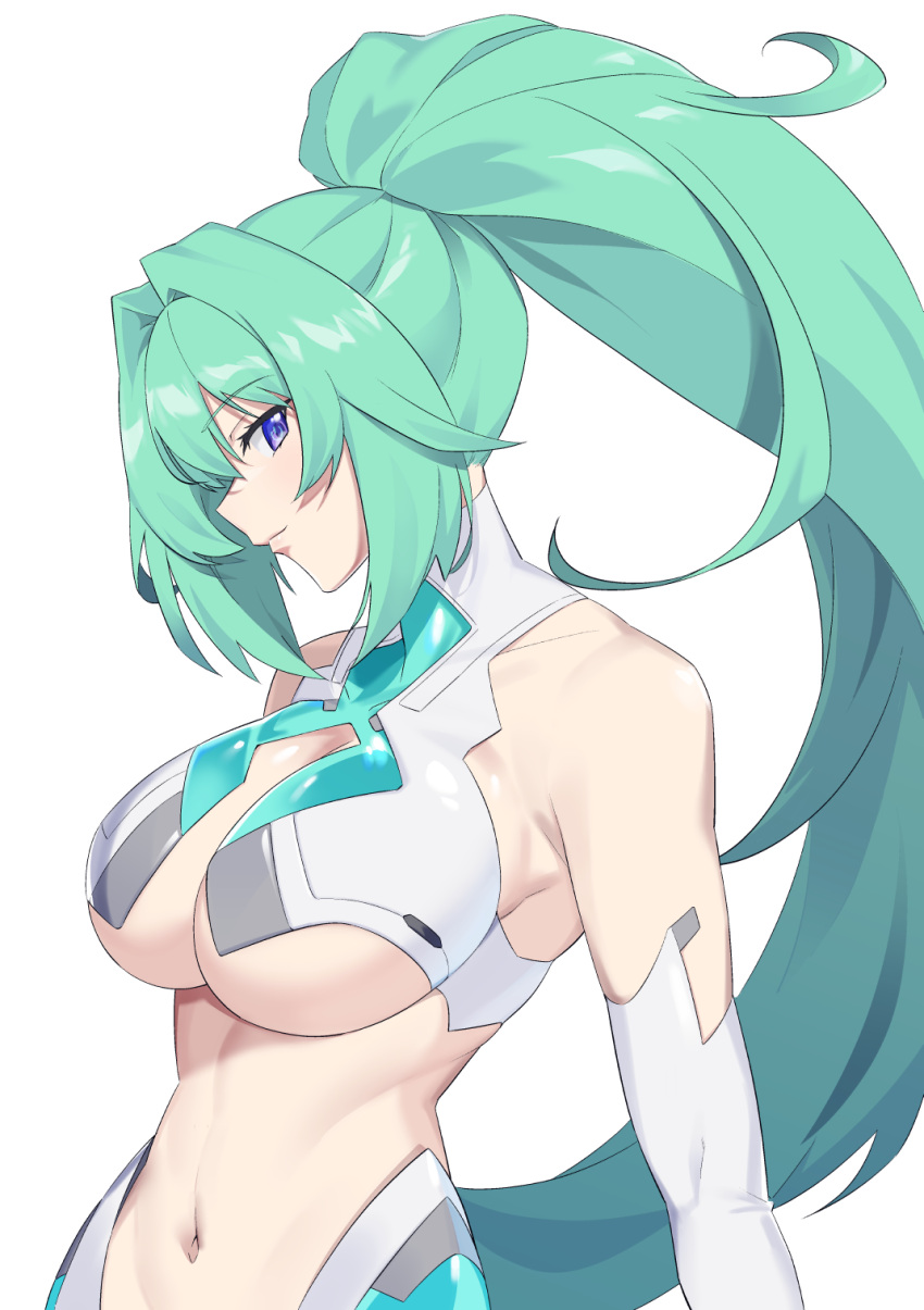 arm_at_side bare_shoulders blush breasts female from_side green_hair green_heart_(neptunia) hair_between_eyes heart high_ponytail highres large_breasts long_hair looking_at_viewer makino_harumaki navel neptune_(series) ponytail power_symbol power_symbol-shaped_pupils purple_eyes solo symbol-shaped_pupils upper_body very_long_hair white_background