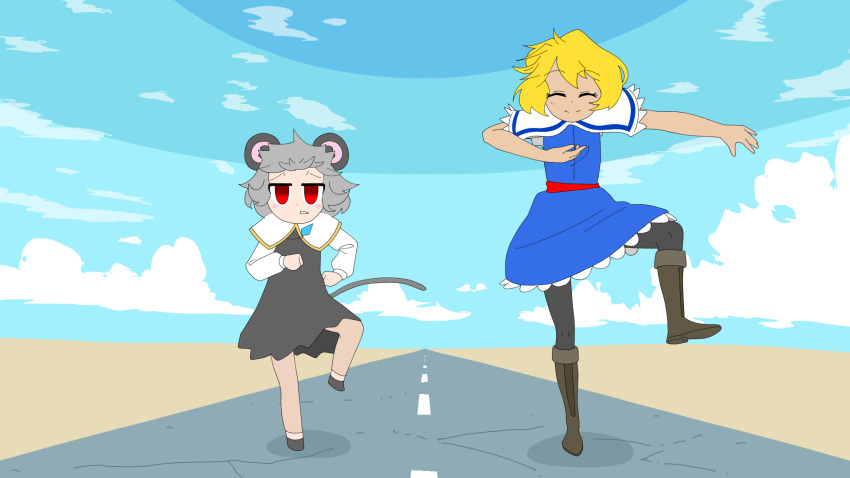 2girls alice_margatroid animal_ears animated animated band_of_the_bold black_dress black_footwear black_legwear blue_dress blue_sky blush bouncing capelet closed_eyes closed_mouth cloud commentary_request cookie_(touhou) day desert dress full_body grey_hair hair_between_eyes highres horizon jewelry kofji_(cookie) long_sleeves looking_at_viewer looping_animation meme meow25meow mouse_ears mouse_tail multiple_girls nazrin open_mouth outdoors pantyhose parody pendant red_sash road sash shirt short_hair sky smile tail touhou walking web_(cookie) white_capelet white_shirt