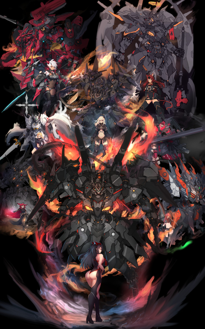 6+girls absurdres animal_ears artist_name ass axe battle bikini black_hair blonde_hair blue_eyes breasts brown_hair cape covered_navel dark_background elbow_gloves fire gloves halo headgear heterochromia high_heels highleg highleg_bikini highres large_breasts leotard long_hair mecha medium_breasts multiple_girls navel original pants pink_hair polearm red_eyes red_hair robot short_hair small_breasts swimsuit sword syaha thighhighs weapon white_hair