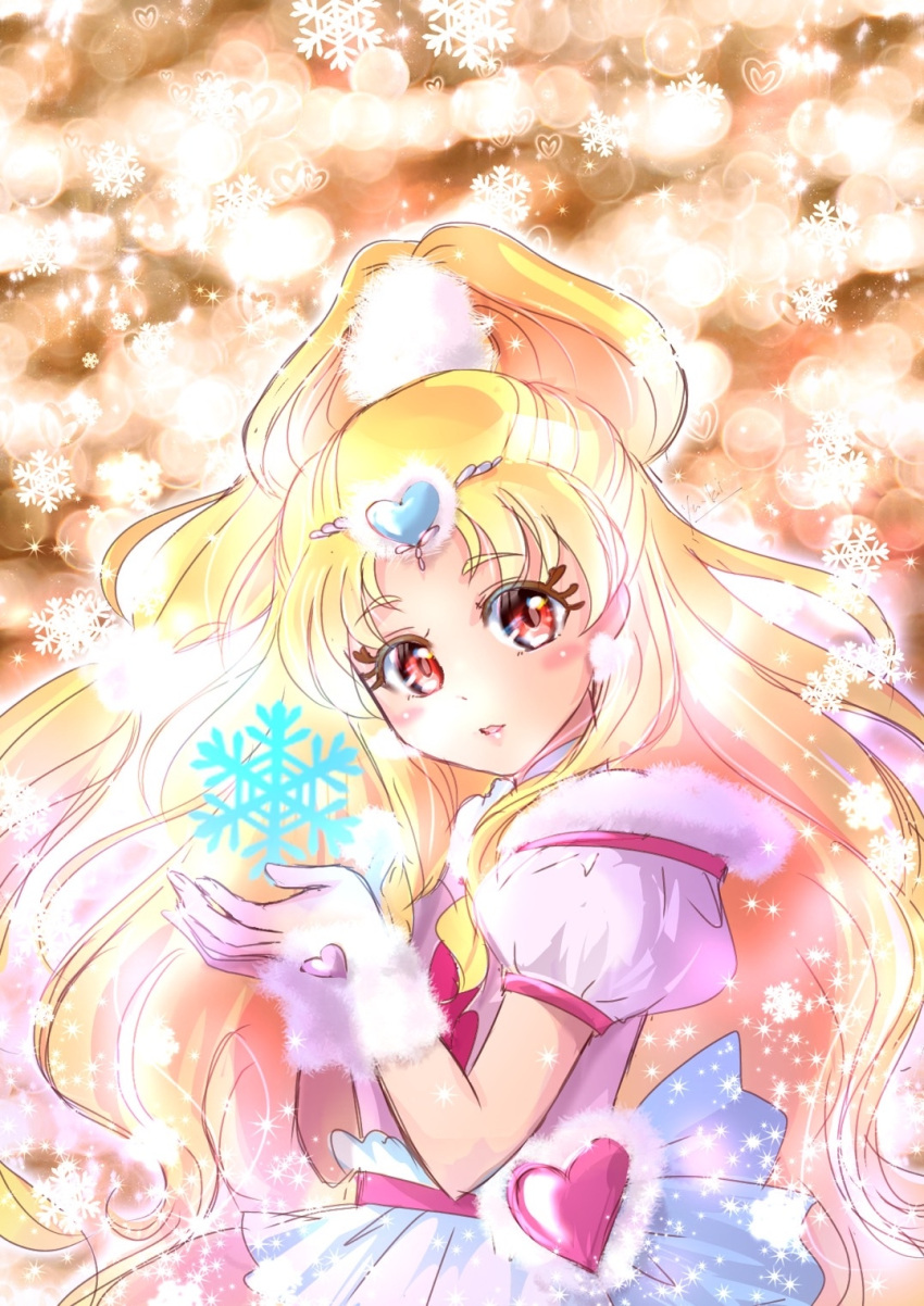 blonde_hair brooch cure_tomorrow eyelashes female from_side fur-trimmed_gloves fur_trim gloves hair_ornament heart heart_brooch heart_hair_ornament highres hug-tan_(precure) hugtto!_precure jewelry lens_flare long_hair looking_at_viewer manekineko5319 open_mouth pink_gloves pleated_skirt precure red_eyes short_sleeves skirt snowflakes solo very_long_hair waist_brooch white_skirt