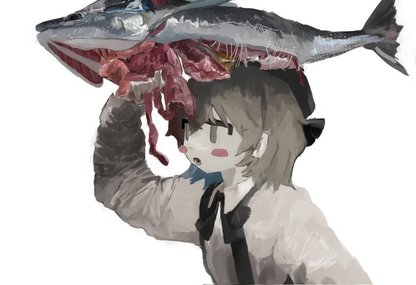 arm_up beret black_bow black_bowtie black_hat black_ribbon blood blush_stickers bow bowtie brown_eyes brown_hair collared_shirt colored_inner_hair commentary dead_animal female fish fish_on_head from_side grey_hair hair_ribbon hat hatoba_tsugu highres honda_(hcinaoh) jitome long_sleeves looking_ahead medium_hair multicolored_hair no_pupils no_sclera open_mouth organs ribbon shirt simple_background solo suspenders tsugu_(vtuber) tuna upper_body virtual_youtuber white_background