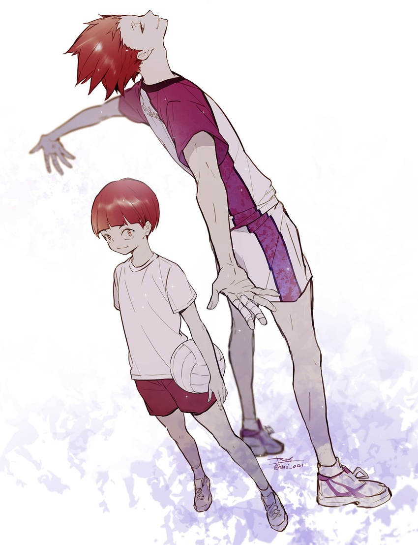 2boys aged_down ball bandaged_fingers bandages commentary_request dual_persona full_body haikyuu!! highres holding holding_ball looking_at_viewer male_focus multiple_boys outstretched_arms red_eyes red_hair red_shorts shirt shoes short_sleeves shorts signature simple_background smile sneakers spiked_hair sportswear spread_arms t-shirt tendou_satori volleyball volleyball_(object) volleyball_uniform yasai_(getsu)