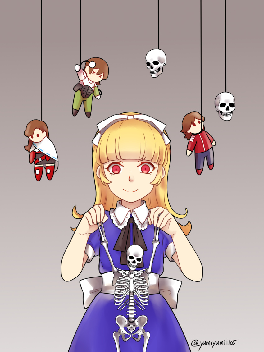 alice_(megami_tensei) blonde_hair blue_dress character_doll commentary_request dress female glowing glowing_eyes grey_background hair_ribbon highres kazuya_(megami_tensei) long_hair red_eyes ribbon shin_megami_tensei shin_megami_tensei_i signature skeleton skull_ornament smile solo x_x yuji_(megami_tensei) yuka_(megami_tensei) yumiyumi1105