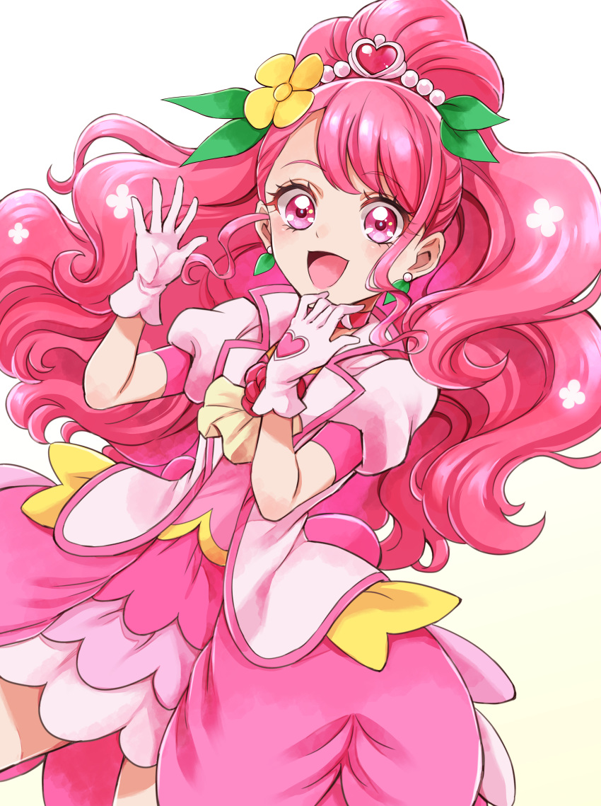 :d absurdres blush commentary_request cowboy_shot cure_grace earrings female flower gloves hair_bun hair_flower hair_ornament hanadera_nodoka healin'_good_precure heart heart_hair_ornament highres jewelry layered_skirt long_hair looking_at_viewer magical_girl open_mouth pink_eyes pink_hair pink_skirt precure puffy_sleeves sharumon simple_background single_hair_bun skirt smile solo white_background white_gloves