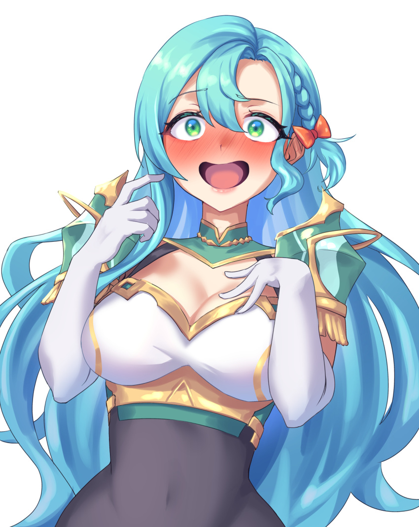 :d absurdres aqua_hair armor blush bow braid breasts chloe_(fire_emblem) commentary covered_navel elbow_gloves female fire_emblem fire_emblem_engage gloves green_eyes hair_between_eyes hairbow highres large_breasts long_hair looking_at_viewer nose_blush open_mouth orange_bow sher_(imnotsher) shoulder_armor simple_background smile solo upper_body very_long_hair white_background white_gloves