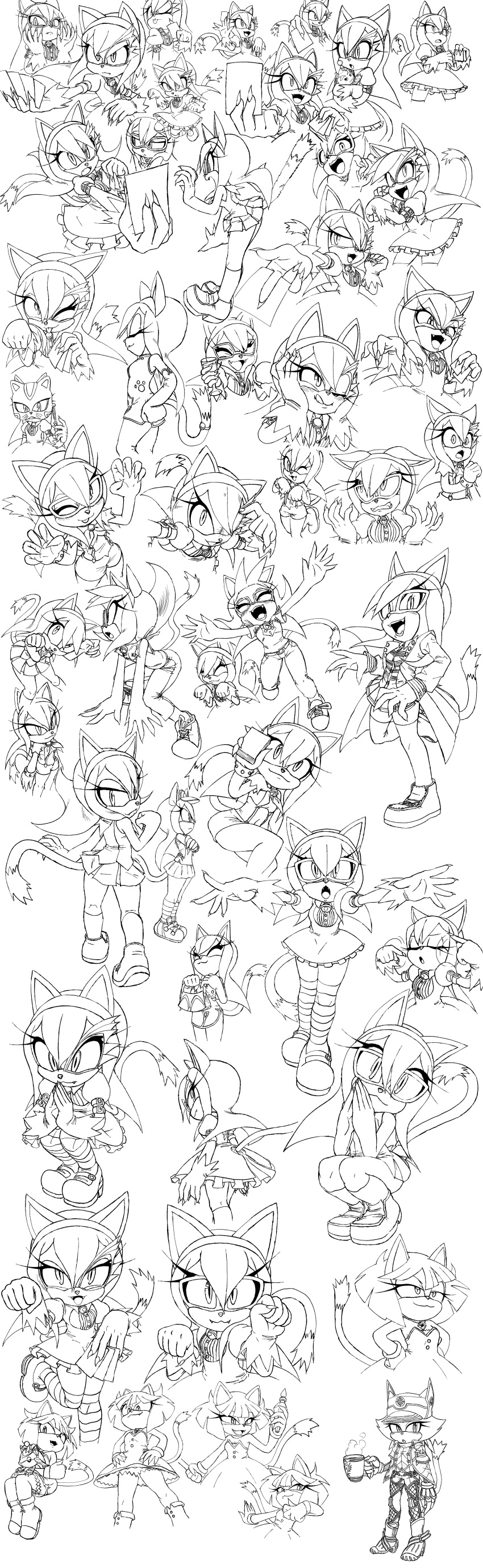 absurd_res anthro blaze_the_cat bottomwear card chao_(sonic) clothing coffee_mug dress female hair handbag hat hb_lint headgear headwear hi_res high_guardian_spice honey_the_cat jacket long_hair monochrome sega skirt solo sonic_the_fighters sonic_the_hedgehog_(series) topwear valkyria_chronicles yu-gi-oh!