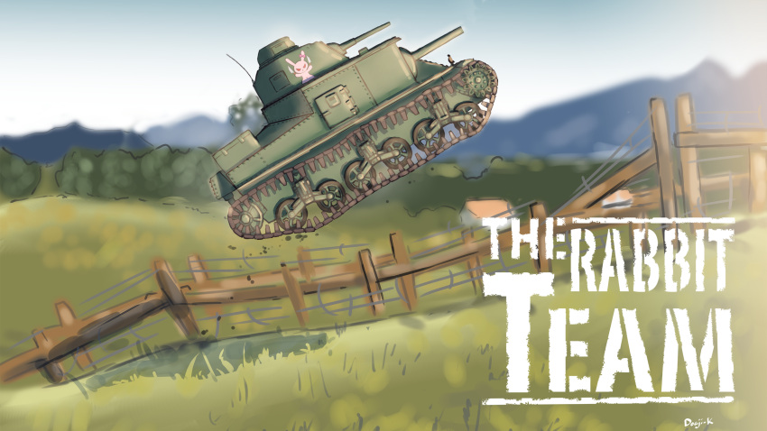 artist_name blurry blurry_background clear_sky commentary day depth_of_field emblem english_text fence girls_und_panzer highres kuroneko_douji logo_parody m3_lee military military_vehicle motor_vehicle no_humans outdoors parody rabbit signature sky tank the_a-team wooden_fence