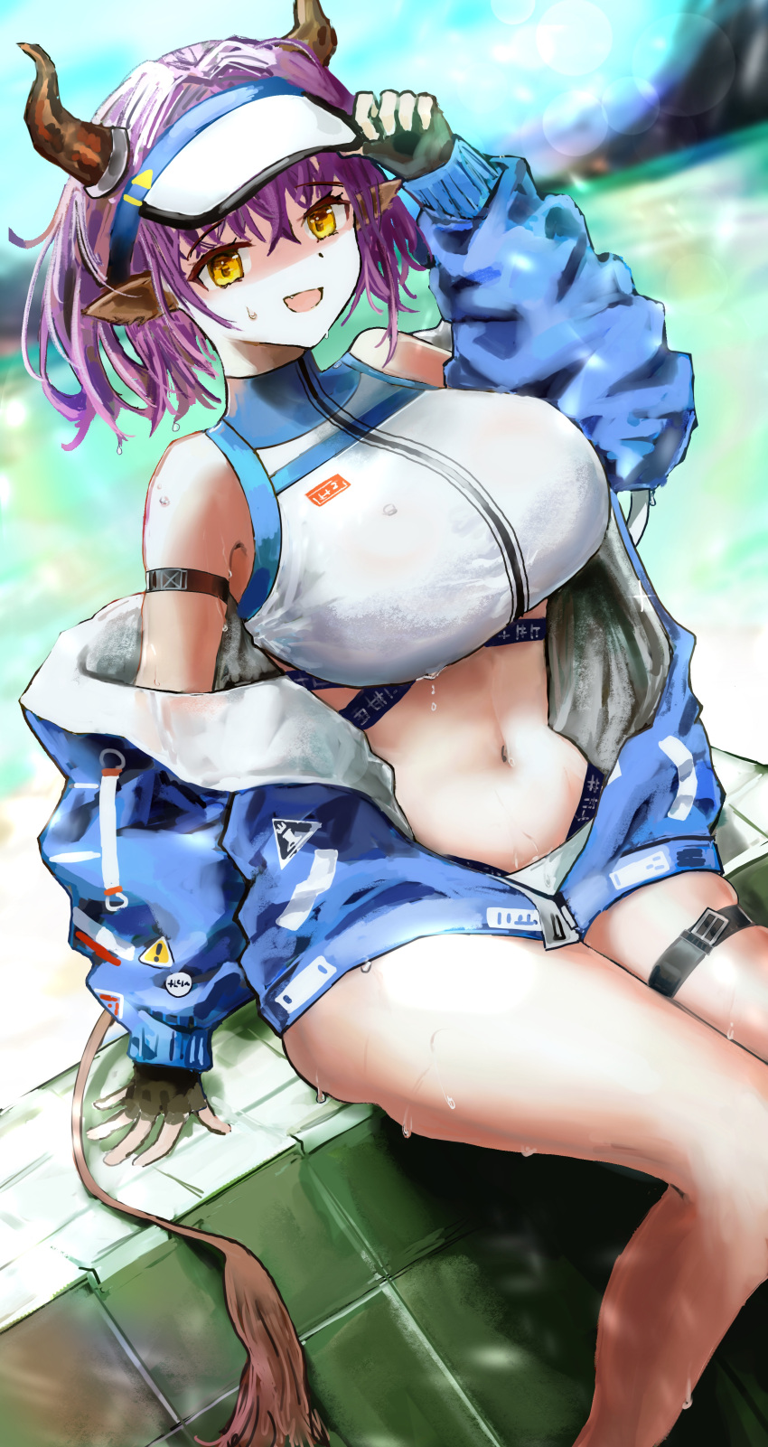 absurdres animal_ears arknights bad_id bad_pixiv_id bikini blue_jacket breasts brown_eyes cow_ears cow_girl cow_horns cow_tail female grey_bikini hachiko_(0088) highres horns jacket large_breasts navel official_alternate_costume open_mouth purple_hair short_hair sideroca_(arknights) sideroca_(light_breeze)_(arknights) sitting smile solo swimsuit tail thigh_strap visor_cap