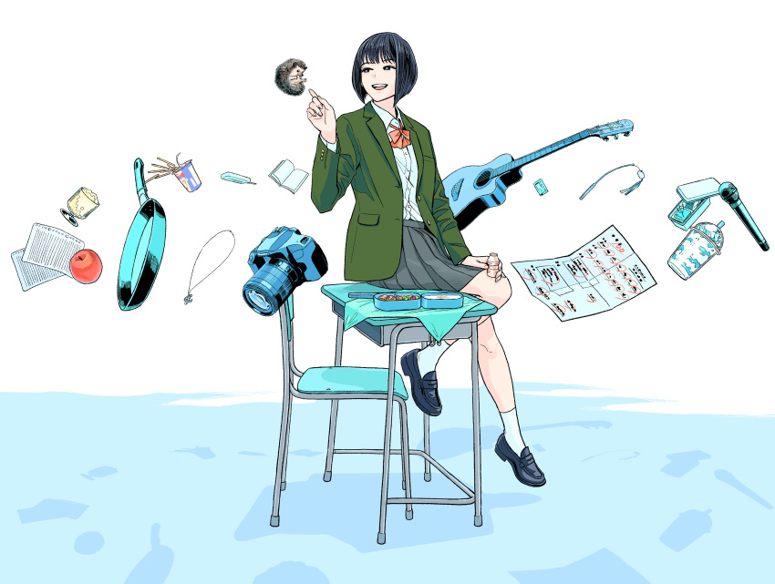 apple black_footwear black_hair book camera chair cup desk female food fruit frying_pan green_jacket guitar hedgehog highres instrument jacket loafers microphone open_mouth original paper shirt shirt_tucked_in shoes short_hair sitting smile socks solo tanaka_hirotaka white_shirt white_socks wide_shot