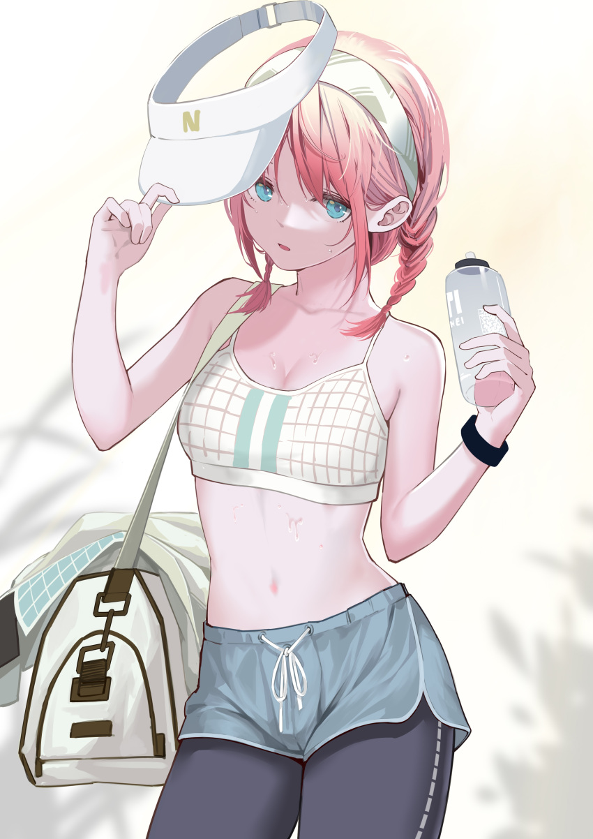 absurdres aqua_eyes arknights bag bare_shoulders black_leggings blue_poison_(arknights) blue_poison_(shoal_beat)_(arknights) blue_shorts blurry blurry_background bottle breasts cigarette_p cleavage collarbone commentary cowboy_shot depth_of_field duffel_bag female grey_hairband hairband highres holding holding_bottle jacket leggings long_hair looking_at_viewer medium_breasts navel official_alternate_costume parted_lips pink_hair short_hair shorts solo stomach twitter_username unworn_headwear unworn_jacket visor_cap white_headwear white_jacket wristband