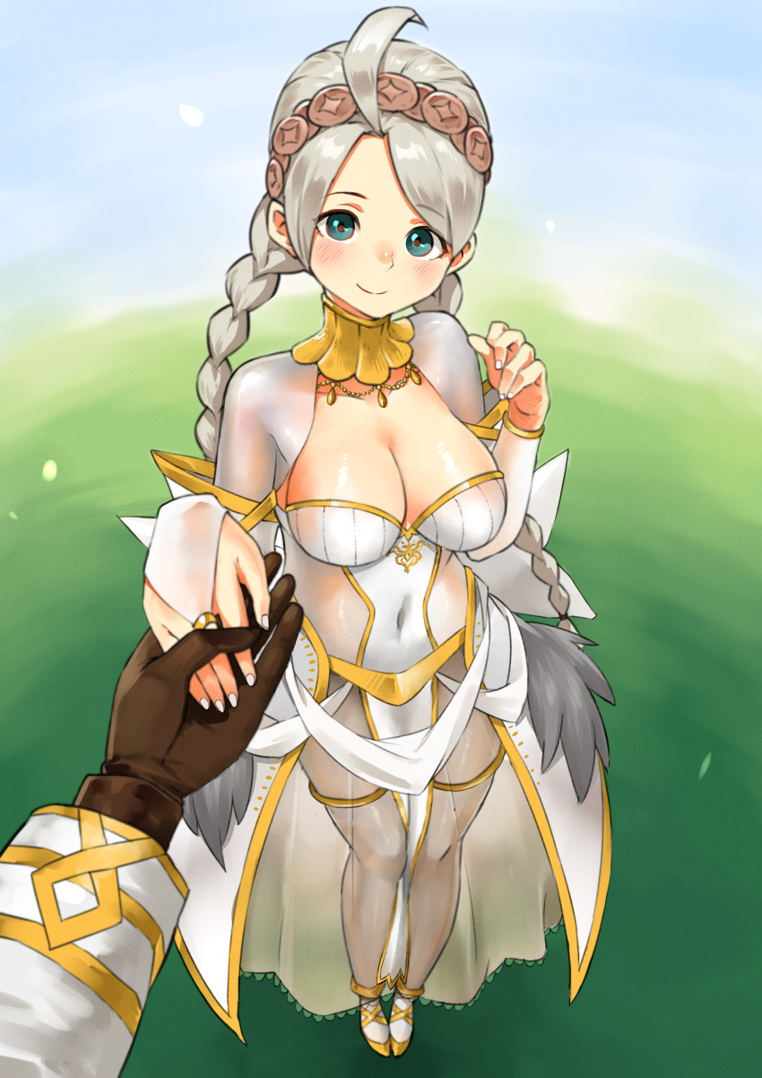 1boy absurdres ahoge alternate_costume blue_eyes bodystocking braid breasts bridal_gauntlets bride bride_(fire_emblem) closed_mouth cosplay couple dress female fire_emblem fire_emblem_fates fire_emblem_heroes gloves grey_hair hairband highres holding_hands igni_tion kiran_(fire_emblem) kiran_(male)_(fire_emblem) large_breasts looking_at_viewer low_twin_braids male_hand md5_mismatch nail_polish nina_(fire_emblem) parted_bangs resolution_mismatch smile source_smaller straight tharja_(bridal)_(fire_emblem) tharja_(fire_emblem) tharja_(fire_emblem)_(cosplay) twin_braids wedding_dress white_nails