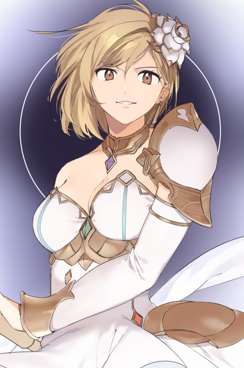 armor blonde_hair breasts brown_eyes choker cleavage collarbone detached_sleeves djeeta_(granblue_fantasy) dress female flower glorybringer_(granblue_fantasy) granblue_fantasy grin hair_between_eyes hair_flower hair_ornament highres hyuu long_sleeves looking_at_viewer medium_breasts short_hair shoulder_armor smile solo strapless strapless_dress white_dress white_flower white_sleeves