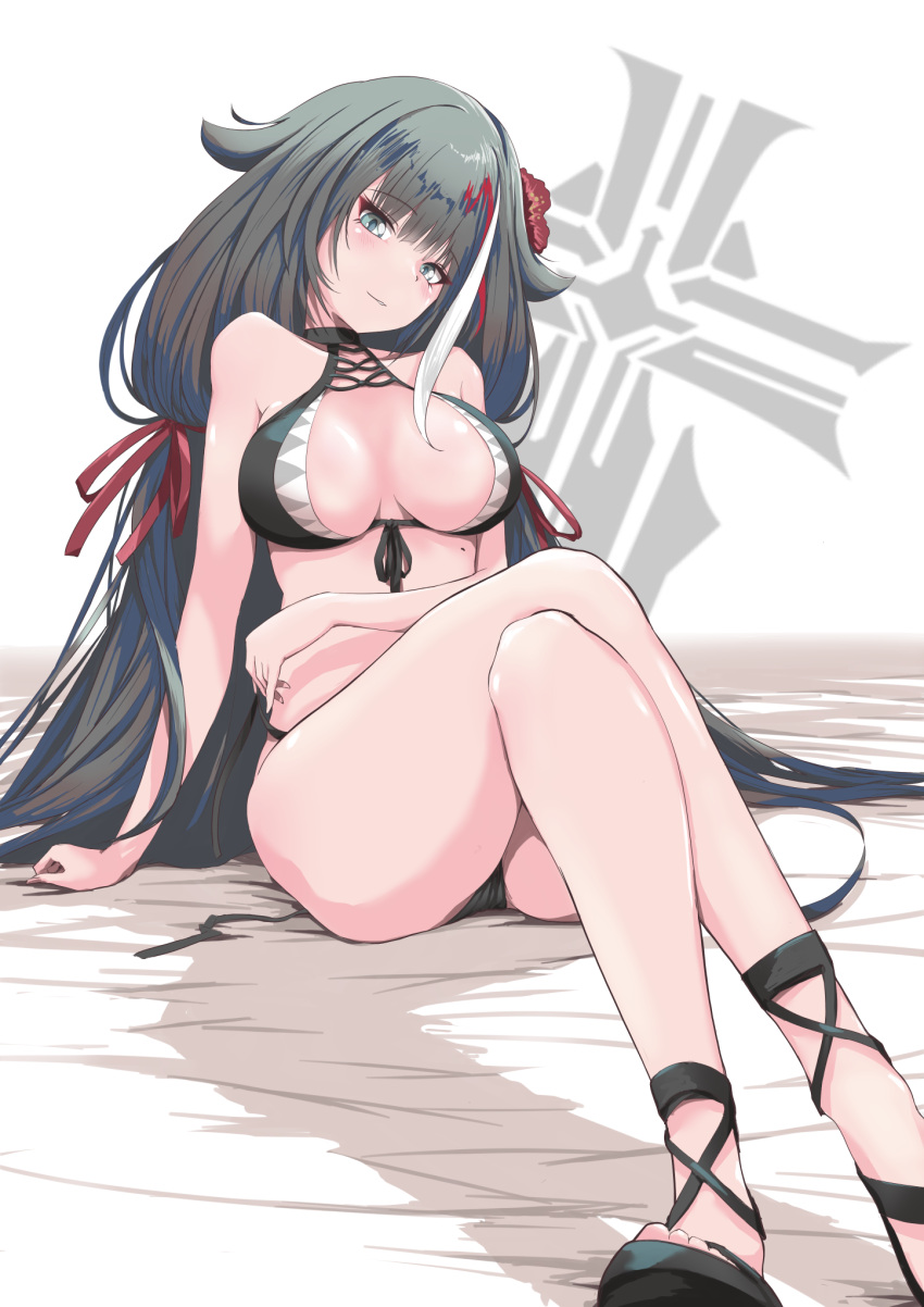 azur_lane bikini black_bikini black_footwear black_hair blue_eyes breasts cleavage deutschland_(azur_lane) deutschland_(service_time?!)_(azur_lane) female flower foot_out_of_frame front-tie_bikini_top front-tie_top hair_flower hair_ornament hair_ribbon highres iron_blood_(emblem) long_hair looking_at_viewer multicolored_hair official_alternate_costume p.i.t.d red_flower red_ribbon ribbon sandals side-tie_bikini_bottom simple_background solo streaked_hair swimsuit untied_bikini very_long_hair white_background white_hair