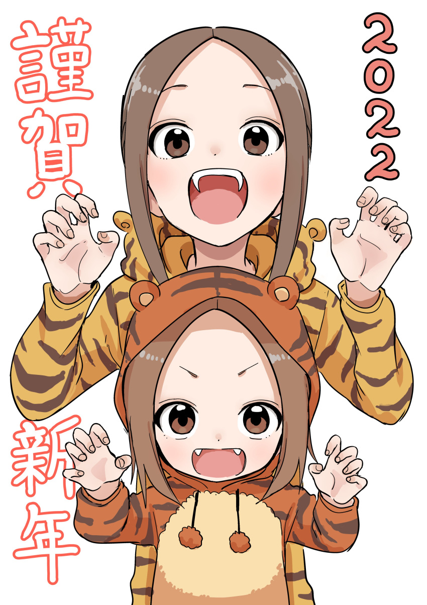 2022 2girls absurdres animal_costume animal_print brown_eyes brown_hair chinese_zodiac claw_pose commentary_request fangs highres hood hood_down hood_up inaba_mifumi karakai_jouzu_no_(moto)_takagi-san karakai_jouzu_no_takagi-san lolicon long_hair long_sleeves looking_at_viewer mother_and_daughter multiple_girls nishikata_chii open_mouth simple_background smile takagi-san teeth tiger_costume tiger_print upper_body upper_teeth_only v-shaped_eyebrows white_background year_of_the_tiger