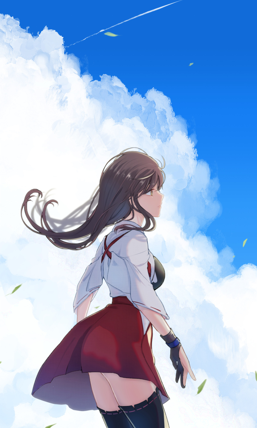 akagi_(kancolle) akagi_kai_ni_(kancolle) breasts brown_hair closed_mouth cloud contrail day female gloves hakama hakama_skirt highres japanese_clothes kantai_collection kouga_(mutsumi) large_breasts leaf long_hair muneate outdoors partially_fingerless_gloves red_hakama single_glove skirt sky solo tasuki thighhighs wind yellow_eyes yugake