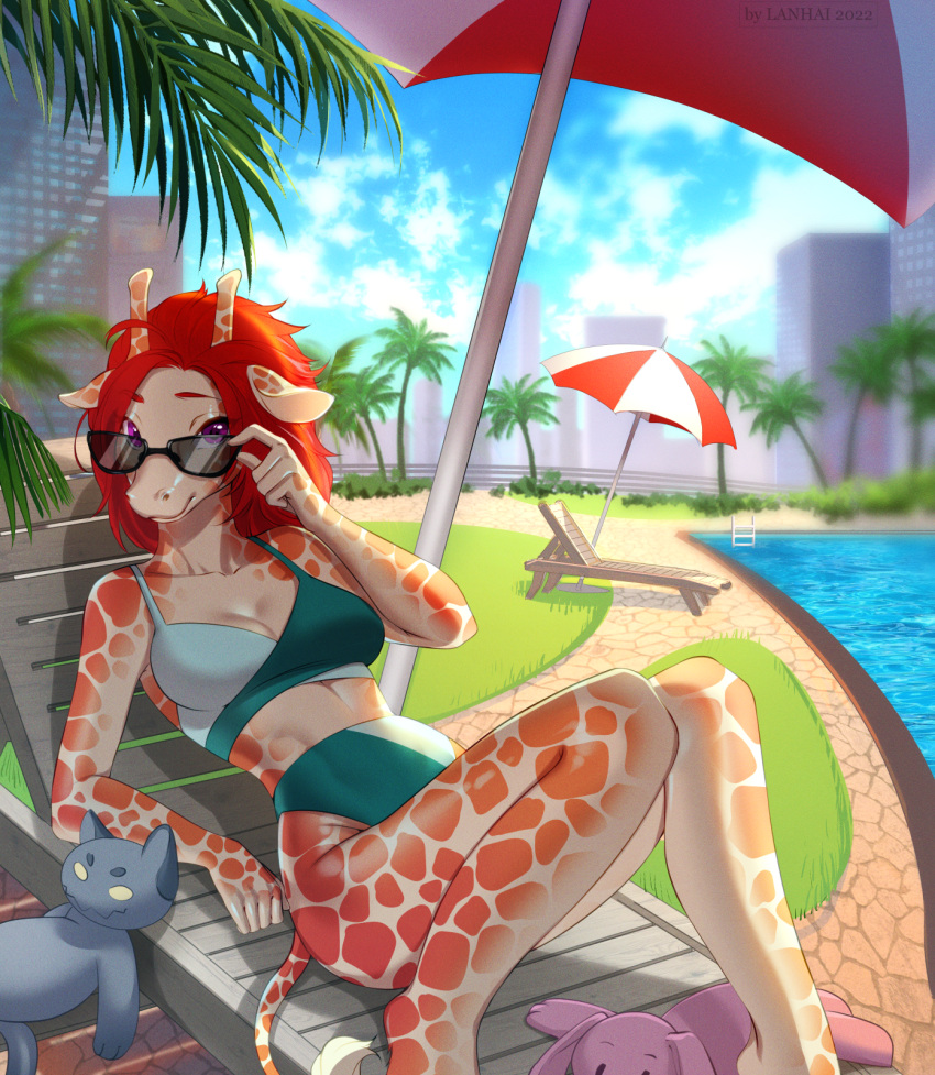 anthro bikini breasts building chair city cityscape cleavage clothed clothing cloud digital_media_(artwork) doll eyewear female furniture giraffe giraffid glasses grass hi_res lanhai legend_of_ahya lounge_chair mammal marle_talbender_(darkflamewolf) outside palm_tree palms plant plushie poolside relaxing sexy_eyes shaded sky skyscraper solo sunglasses swimming_pool swimwear tree umbrella water