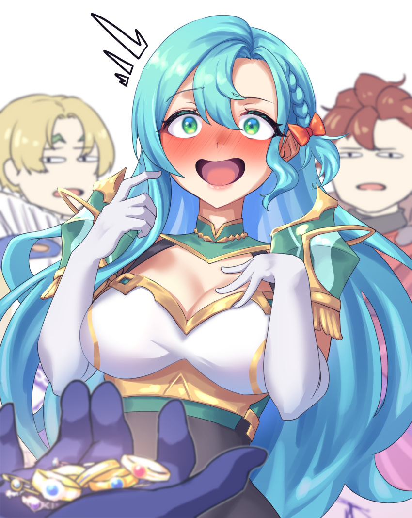 absurdres alear_(fire_emblem) alfred_(fire_emblem) aqua_hair armor bare_shoulders braid breasts chloe_(fire_emblem) cleavage commentary_request dark_red_hair diamant_(fire_emblem) elbow_gloves female fire_emblem fire_emblem_engage garter_straps gloves green_eyes highres large_breasts long_hair pegasus_knight_uniform_(fire_emblem) sher_(imnotsher) shoulder_armor side_braid single_braid smile solo very_long_hair white_gloves