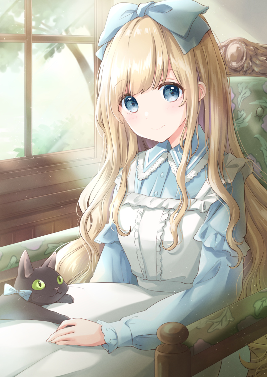 alice_(alice_in_wonderland) alice_in_wonderland animal_on_lap black_cat blonde_hair blue_dress blue_eyes blue_ribbon blurry blurry_background cat_on_lap chair commentary day dress feline female hair_ribbon hand_on_lap highres hoshiibara_mato indoors lace-trimmed_collar lace_trim light_particles light_rays long_hair long_sleeves looking_at_viewer on_lap original pinafore_dress ribbon shirt sitting sleeveless sleeveless_dress smile solo sunbeam sunlight tree very_long_hair white_dress window