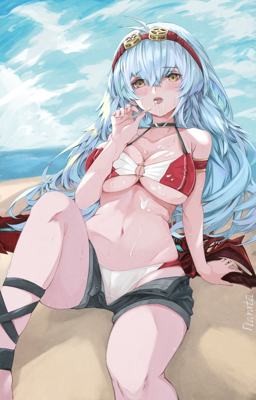 adapted_costume ankle_strap arm_strap arnas_(yoru_no_nai_kuni) artist_name beach bikini black_choker blush breasts choker cleavage collarbone commission day denim denim_shorts english_commentary female food highres holding ice_cream long_hair medium_breasts navel o-ring ocean open_clothes open_shorts outdoors popsicle_stick shorts sitting solo swimsuit tunnarata yellow_eyes yoru_no_nai_kuni