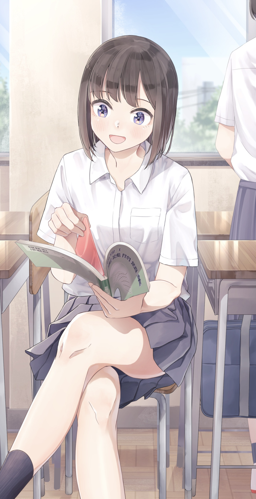 12_graka 2girls :d absurdres bag black_hair black_skirt black_socks blue_eyes blush book chair classroom crossed_legs day highres medium_hair multiple_girls open_book original reading school_bag school_uniform shirt short_sleeves sitting skirt smile socks uniform white_shirt window