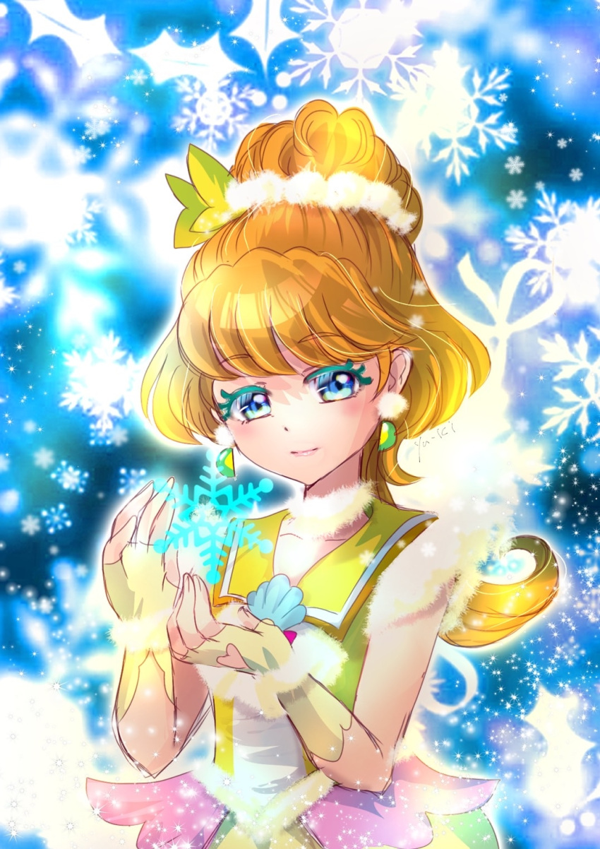 blonde_hair blue_eyes closed_mouth clothing_cutout collarbone cure_papaya earrings eyelashes female fingerless_gloves gloves heart_cutout highres ichinose_minori jewelry long_hair low_ponytail makeup manekineko5319 mascara precure sailor_collar sleeveless snowflakes solo tied_hair tropical-rouge!_precure yellow_gloves yellow_sailor_collar