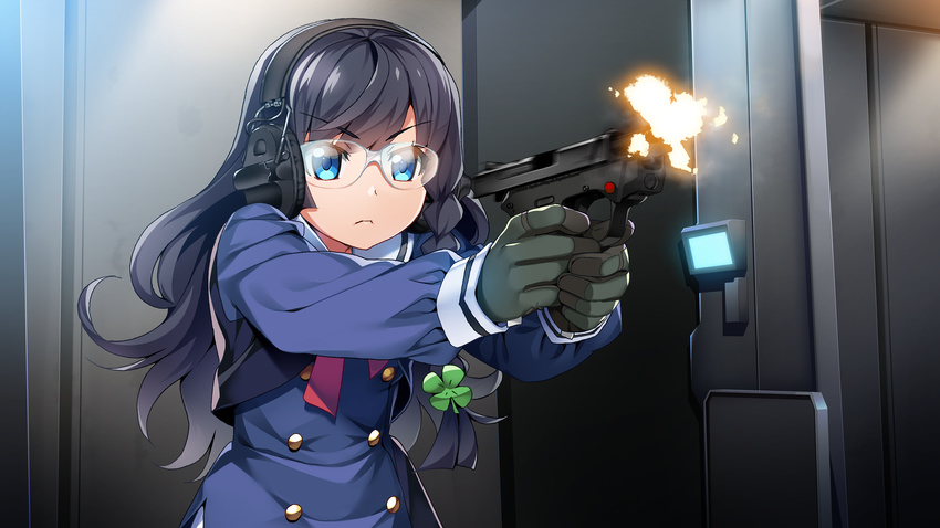 2girls aqua_eyes black_hair braids front_wing game_cg glasses gloves grisaia:_phantom_trigger gun headphones long_hair seifuku sengoku_taiga watanabe_akio weapon