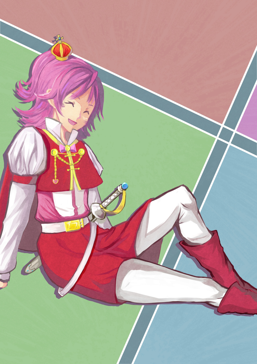 :d ^_^ absurdres aida_mana cape closed_eyes commentary_request crown cure_m dokidoki!_precure female half_updo highres mini_crown open_mouth pantyhose pink_hair precure prince short_hair sitting smile solo sword weapon