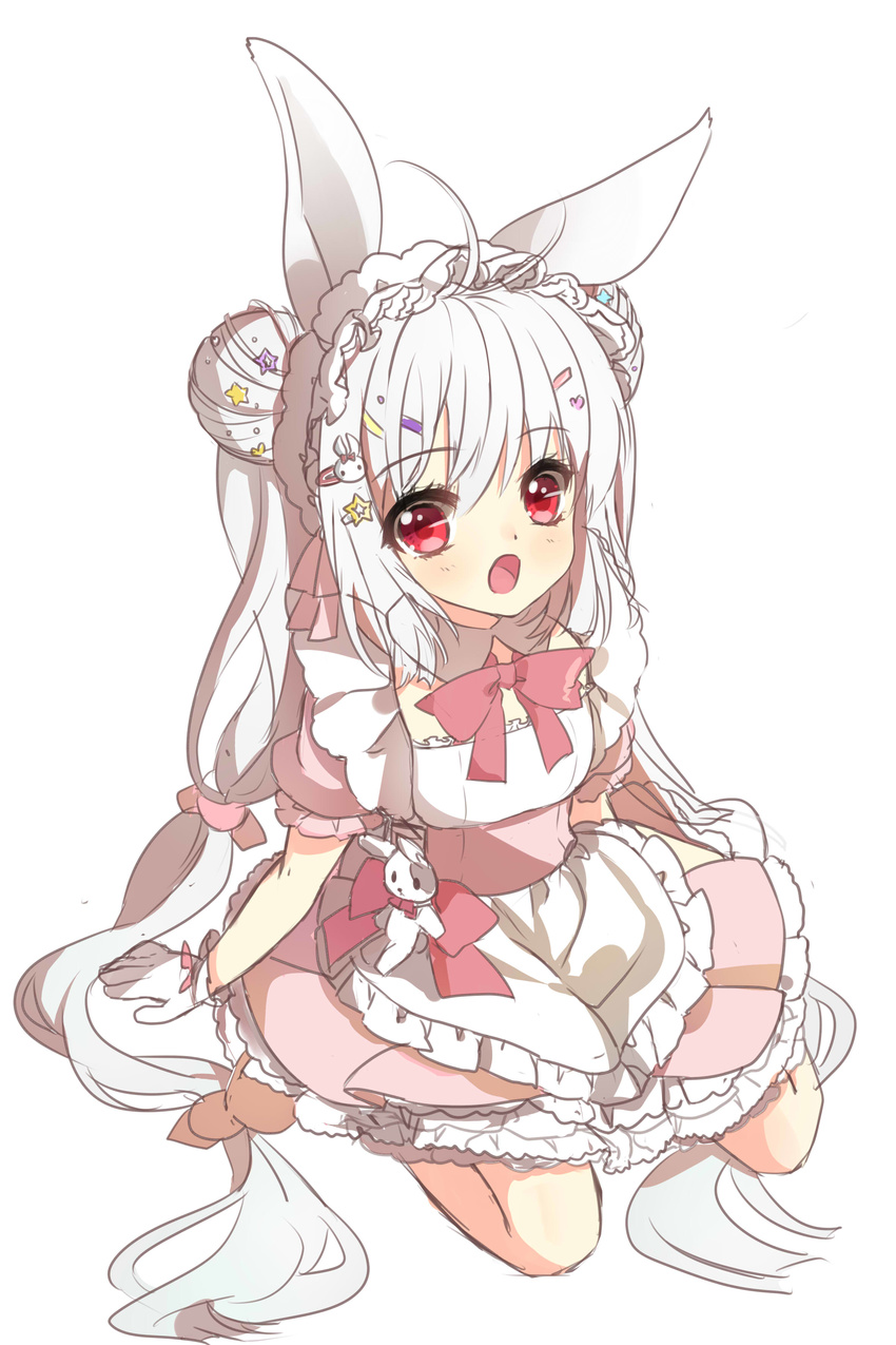 absurdres animal_ears apron bad_id bad_pixiv_id double_bun dress female gloves hair_bun hair_ornament hairclip highres long_hair maid maid_headdress open_mouth original rabbit_ears red_eyes ribbon sitting solo twintails very_long_hair wataru_kuri white_hair