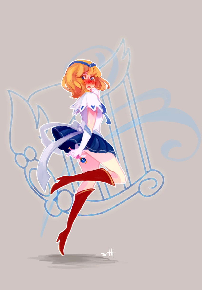 alice_margatroid back_bow bad_deviantart_id bad_id bishoujo_senshi_sailor_moon blonde_hair blue_skirt blush boots bow crystal_change_rod embarrassed female full_body harp highres instrument knee_boots leg_up pleated_skirt s05146 sailor_senshi_uniform short_hair simple_background skirt solo tiara touhou unofficial_sailor_senshi_uniform winged_wand