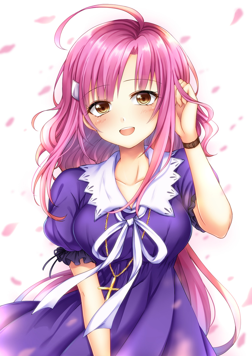 :d absurdres blue_dress brown_eyes collarbone commentary_request cross cross_necklace dress female gakkou_gurashi! hair_ornament hairclip highres jewelry koyoka long_hair looking_at_viewer necklace open_mouth petals pink_hair sakura_megumi smile solo watch wind wristwatch