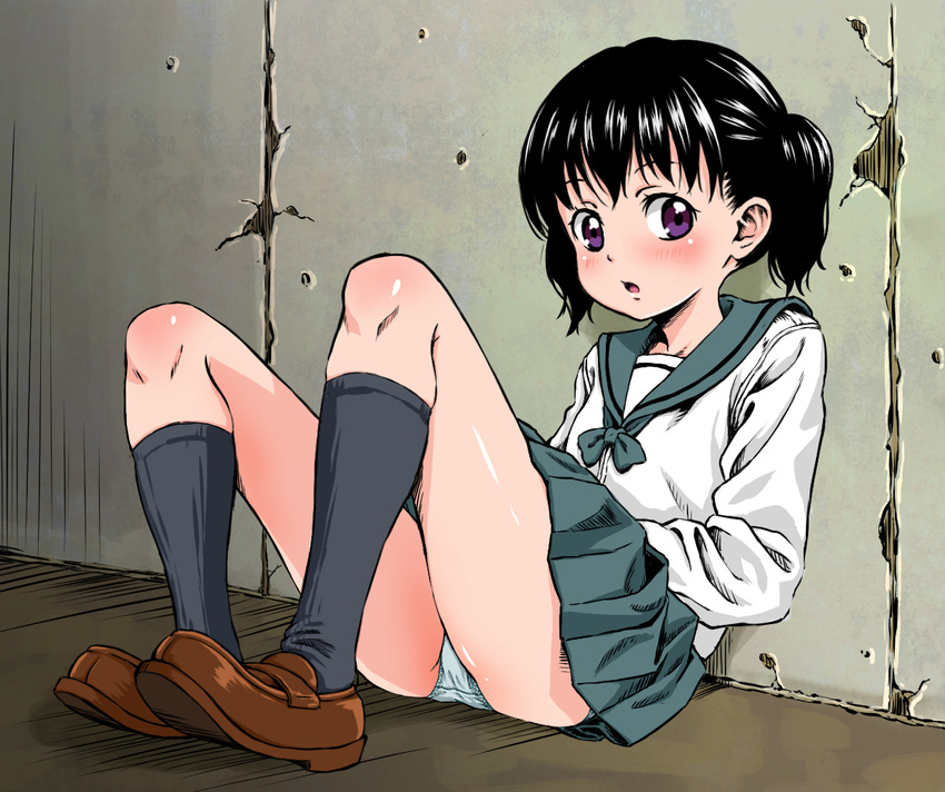 black_hair black_socks brown_eyes commentary_request female kneehighs kuraue_hinata loafers mitamura-kun_(landcell) panties pantyshot school_uniform shoes short_hair short_twintails sitting skirt socks solo twintails underwear upskirt white_panties yama_no_susume